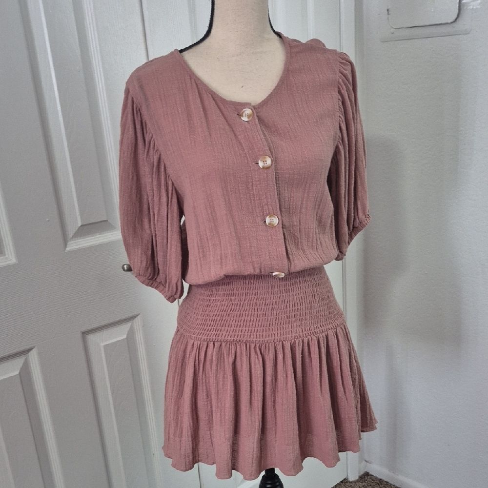 ♡♡♡Olivaceous Women's Dusty Rose Button-Front Smocked Waist Skirt Sz Medium